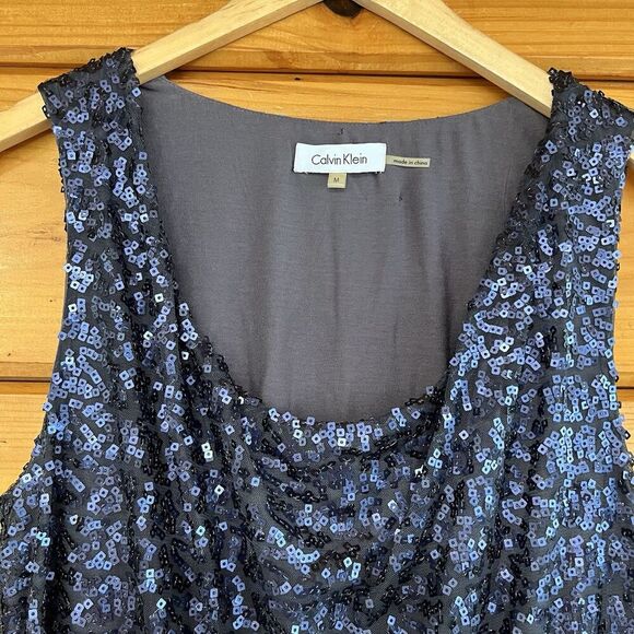 Calvin Klein Sequin Dress Cowl Neckline Shimmer Blue Formal Cocktail Sz M - Picture 2 of 3